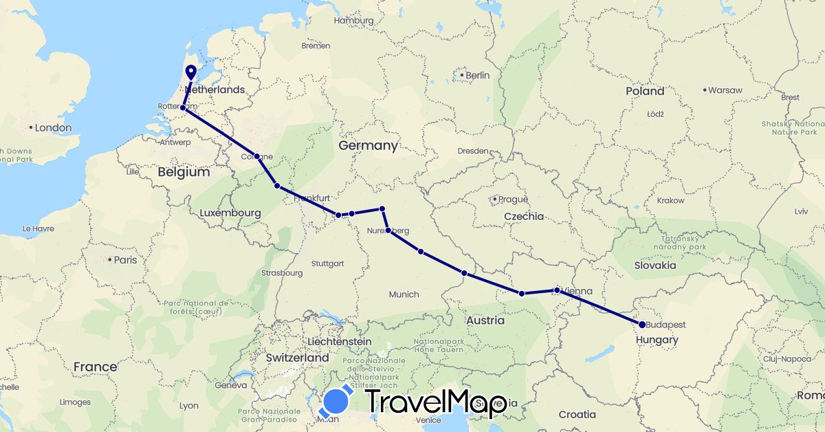 TravelMap itinerary: driving in Austria, Germany, Hungary, Netherlands (Europe)